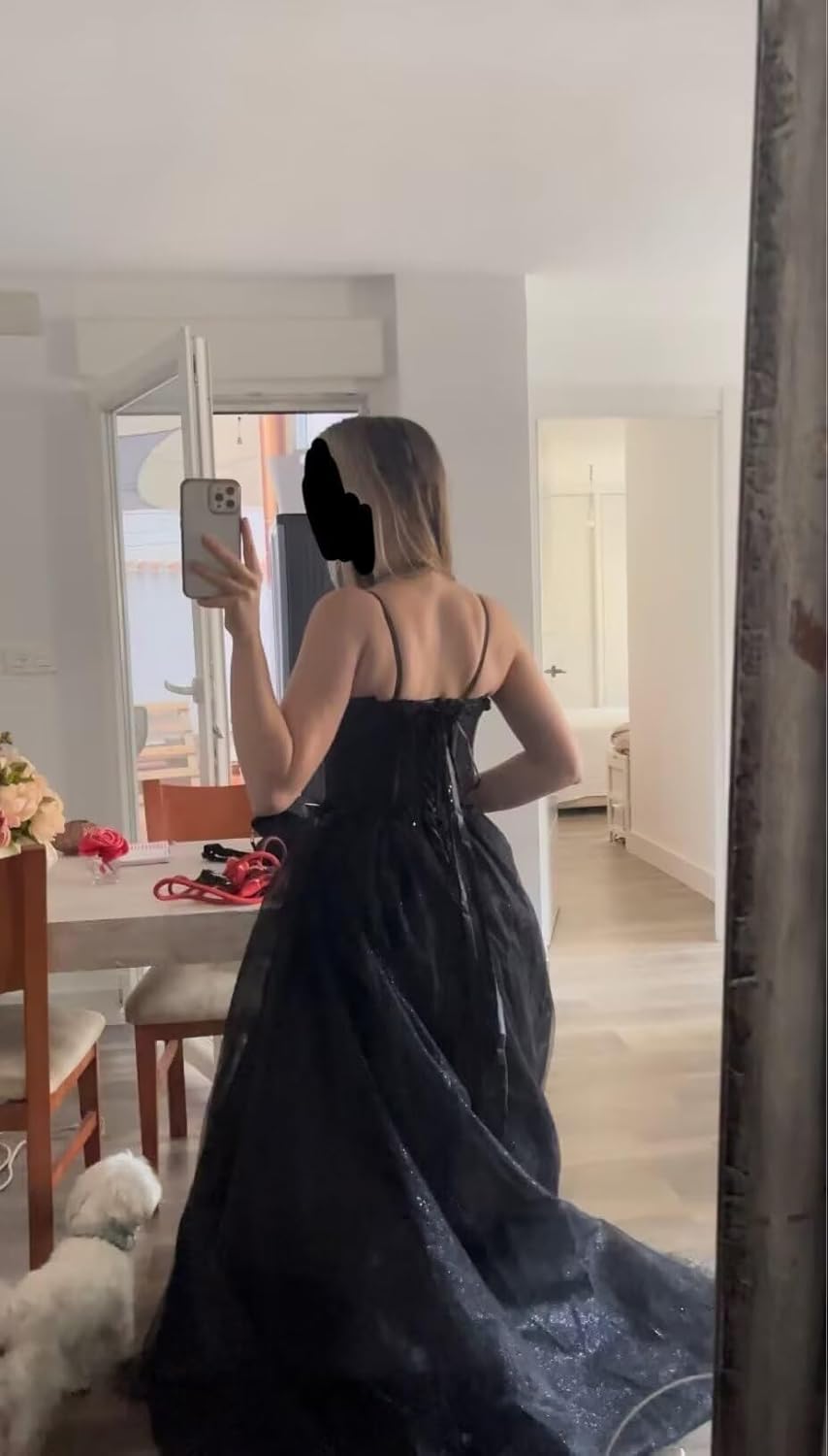 Fivsole Women's Glitter Tulle Prom Dresses Long Spaghetti Straps Lace Formal Evening Party Gowns with Slit