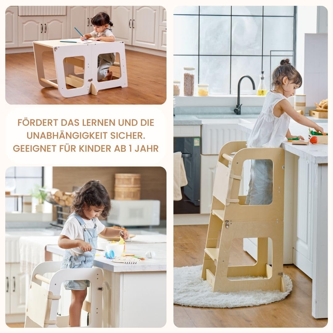 Lernturm ab 1 Jahr – Montessori Beobachtungsturm, umwandelbar in Kinderschreibtisch – Kinderstuhl Holz – Hochhocker für Kinder von 1 bis 6 Jahren (Naturholz)