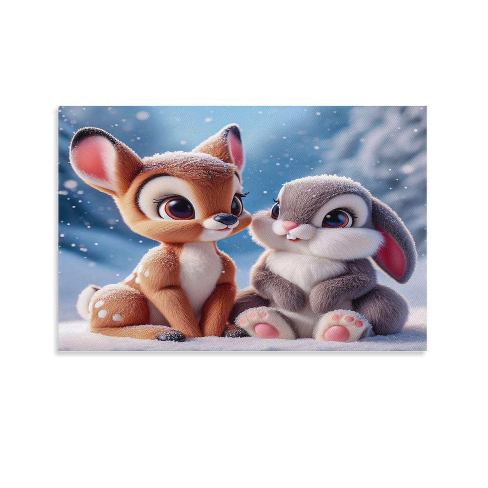 CPLVKWRQJ Cute Deer Rabbit Snow Individual Fawn And Bunny Snowy Winter Scene Canvas Wall Art - Office Canvas Print Fade Resistant Wall Focal Art Ready to Hang 08x12inch(20x30cm)