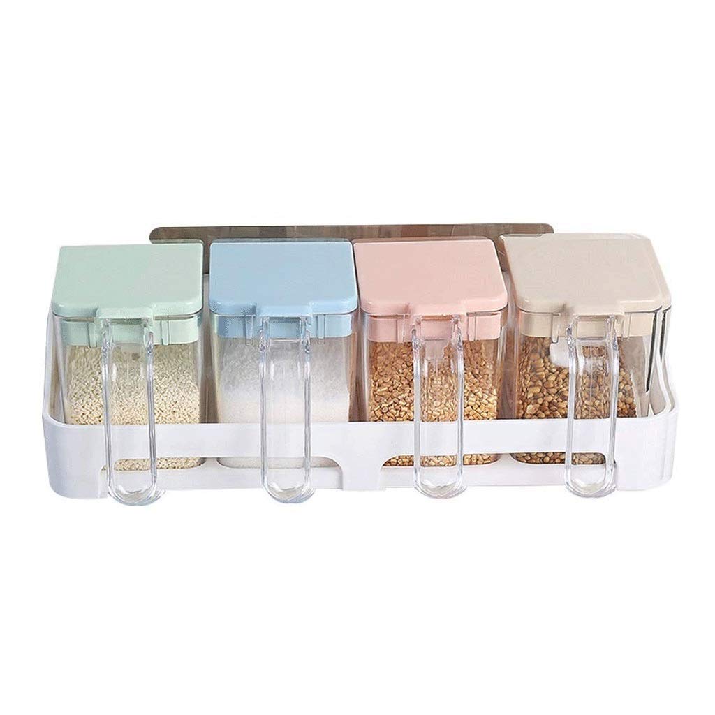 HRWLY Wall-mounted Spice Box- Kitchen Seasoning Box Set - 4 Serving Spoons Condiment Cruet Bottle Jar
