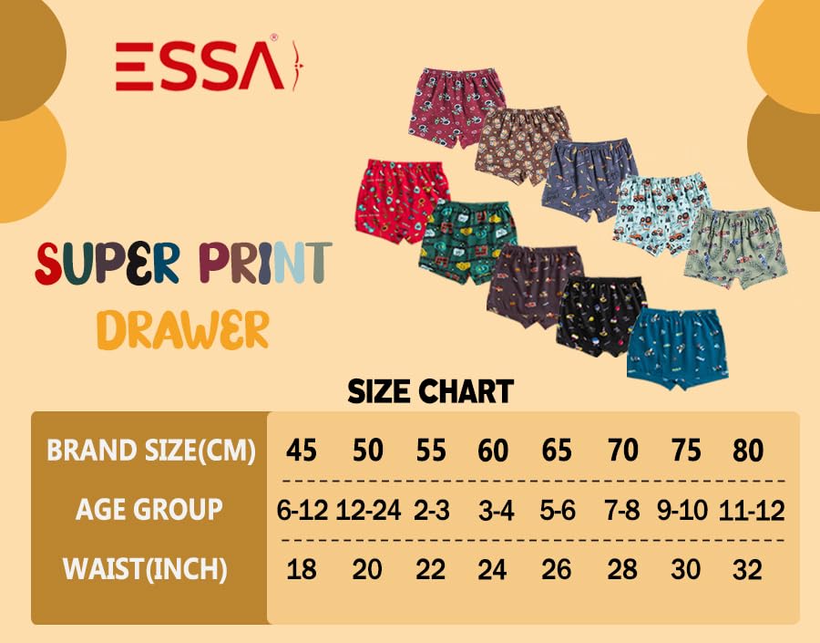ESSA Super Print 10-Pack Kids' Drawer Trunks | Unisex Multicolor Underwear for Boys and Girls | Mid Rise | 100% Soft Cotton Fabric with Fun All-Over Print Pattern | 60 CM 4
