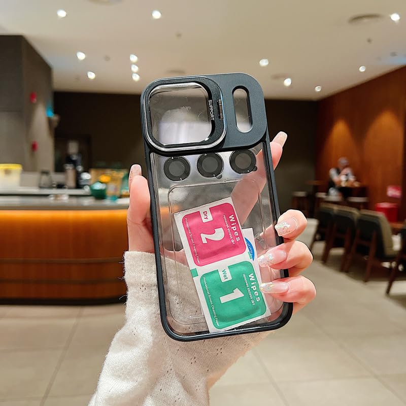 Image of Clear Case for iPhone 17 Pro Max | Metal Lens Protector & 180 Rotating Bracket | Shockproof Transparent Hard Back Cover with Soft TPU Frame - Black