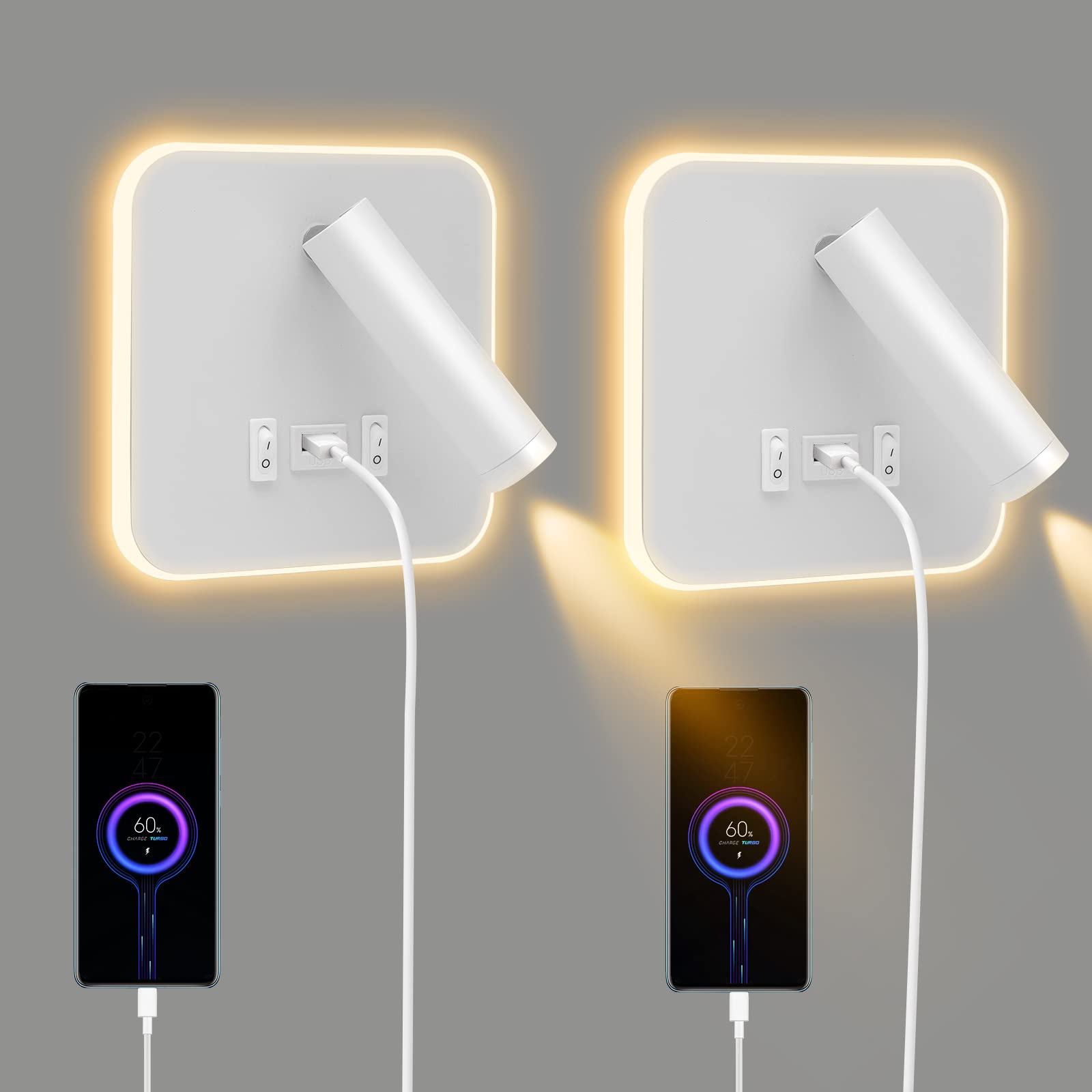 Lampada da parete a LED, lampada da lettura sul comodino, applique regolabile sul comodino, con porta di ricarica USB, applique da parete per corridoio(luce calda 3W + luce calda 9W)(Bianco 2pcs)