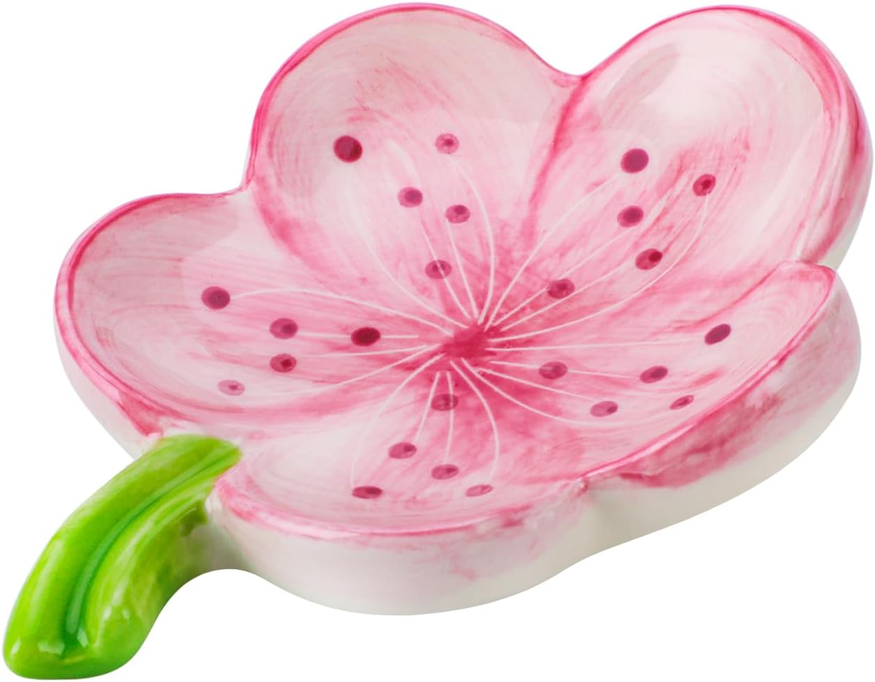 Soap Holder Ceramic Self Draining Soap Dish Ceramic Flower Shaped Design for Shower Sustainable Use for All Common Sizes Solid Soaps (Red)