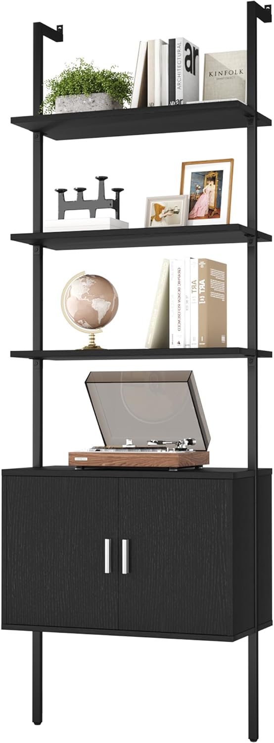 Yusong 73" Tall Bookshelf with Cabinet, Industrial Ladder Wall Mount Shelf Bookcase with Wood and Metal Frame, Plant Shelf Wall Storage Display for Living Room Bedroom, Black Wood Grain