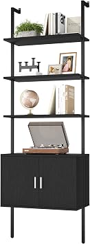 Yusong 73" Tall Bookshelf with Cabinet, Industrial Ladder Wall Mount Shelf Bookcase with Wood and Metal Frame, Plant Shelf Wall Storage Display for Living Room Bedroom, Black Wood Grain