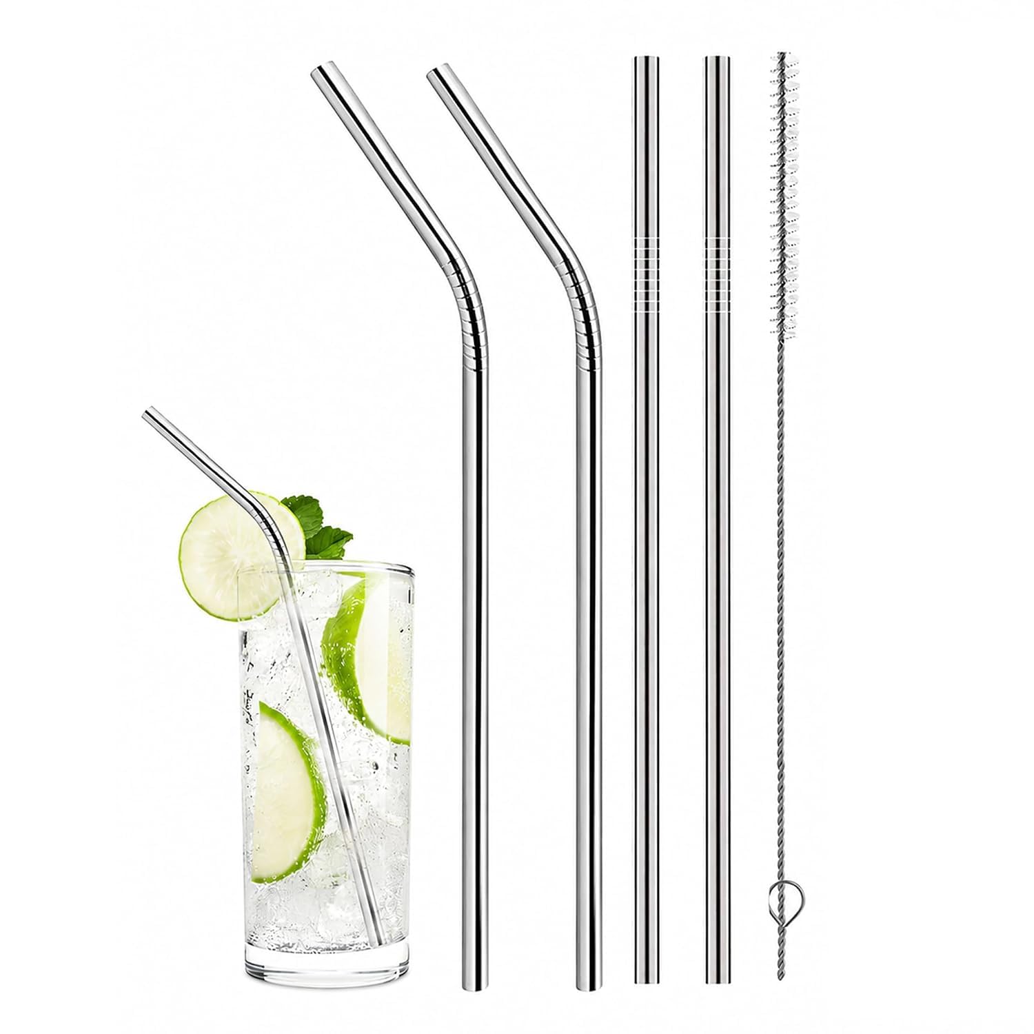 Stainless Steel Drinking Straws Set (4 Straws + 1 Cleaning Brush) | Reusable Metal Straws with 2 Straight & 2 Bent Straws | 8.5 Inch Stainless Steel Straws for Juice, Smoothies & Cold Drinks-image-9