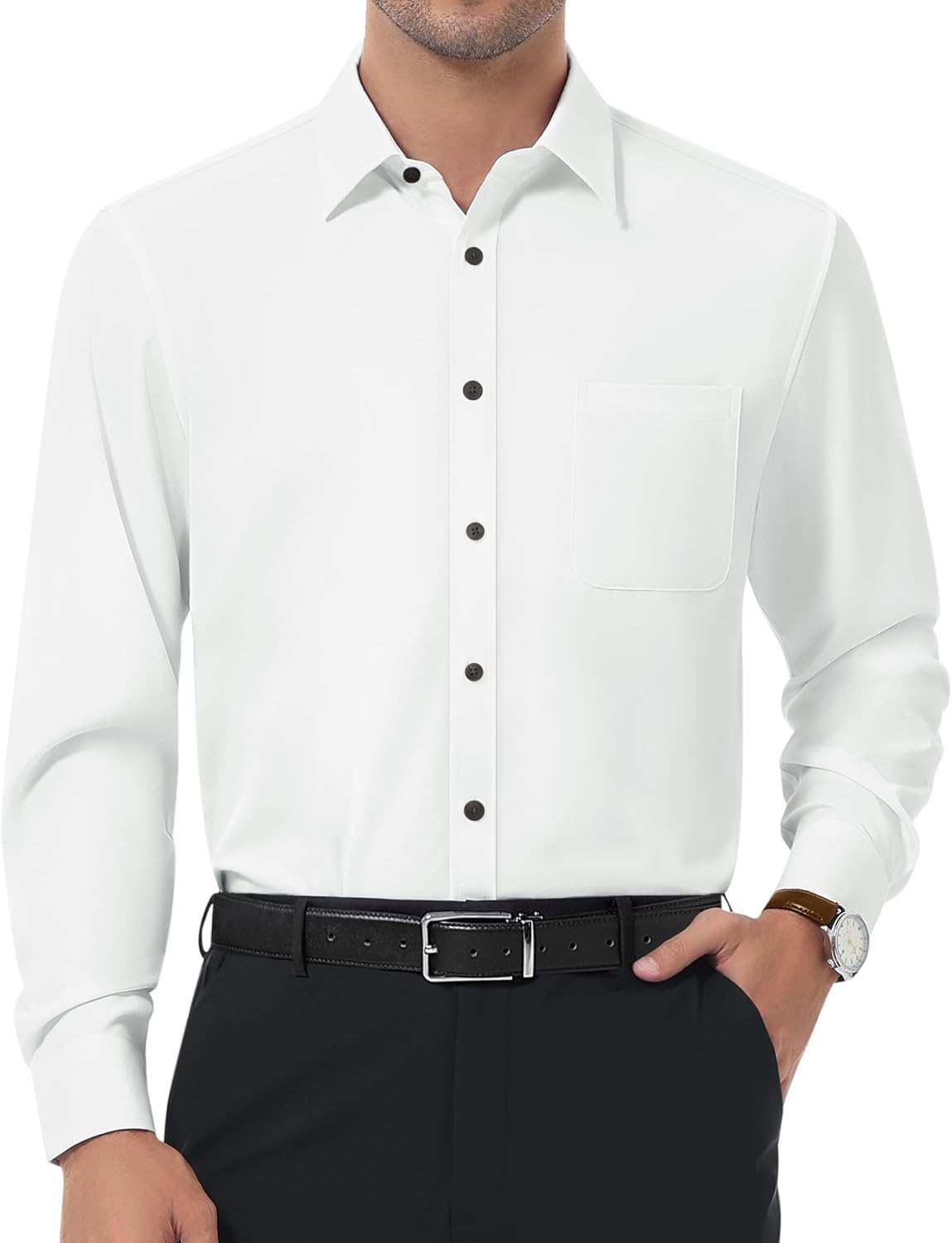 DEMEANOR Mens Dress Shirt Slim Fit Stretch Wrinkle Free Long Sleeve Button Down Shirts Formal Business Top with Pocket