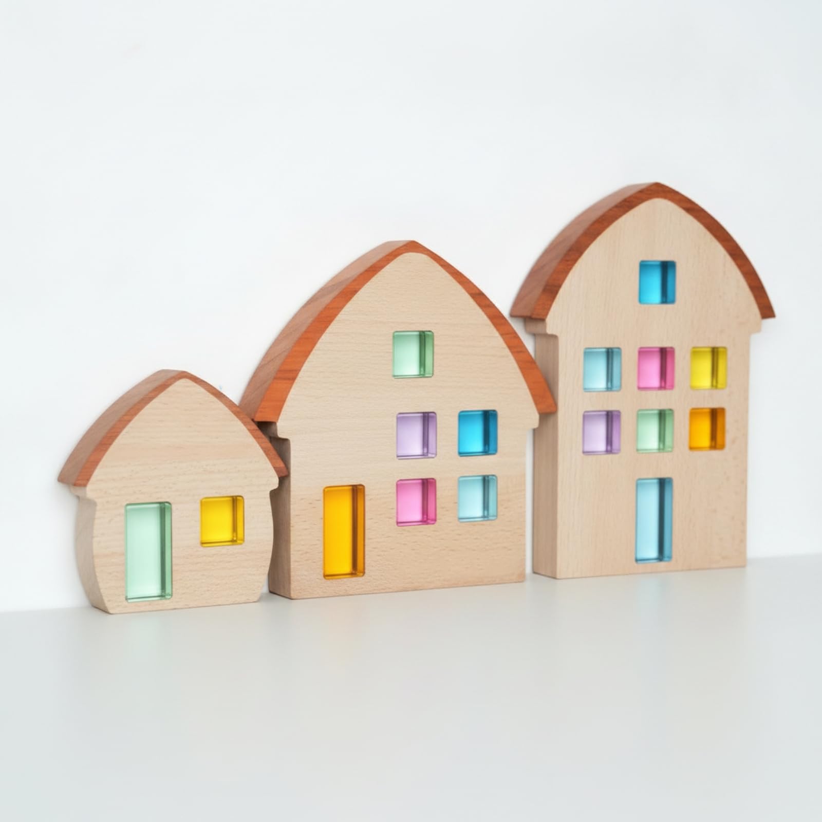 Kinder Bausteine Holz Häuser Set Bausteine Holzbausteine Holzspielzeug Deko Häuser mit Bogenförmigem Dach Und Abgerundeten Kanten aus Buche Und für Kinderzimmer Wohnzimmer Regal