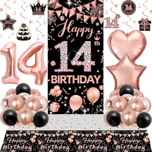 14th Birthday Decorations for Girls Happy 14th Birthday Decorations Girl 14 Year Old Birthday Decorations for Girls 14th Birthday Banner Door Backdrop Number 14 Balloons Tablecover Decor Rose Gold