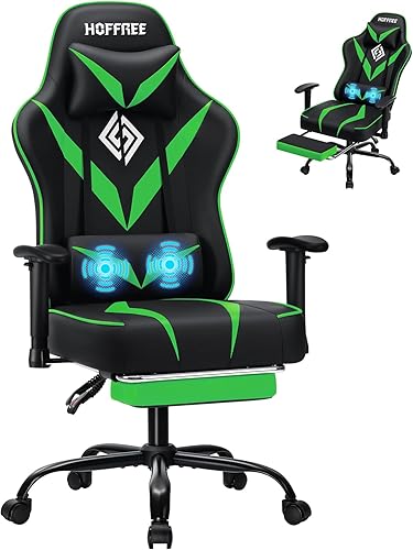 HOFFREE Massage Gaming Chair for Adults 155 Reclining Computer Gamer Chair with Footrest and Adjustable Armrests Ergonomic Video Game Chairs Green