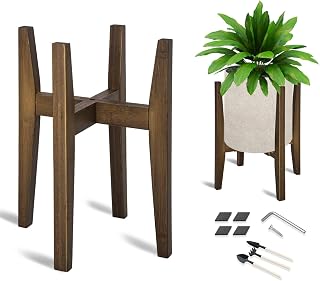 OERGKE Adjustable Bamboo Plant Stand Mid-Century Modern Corner Holder for 8-12 Inch Pots - Walnut, Indoor Living Room Decor