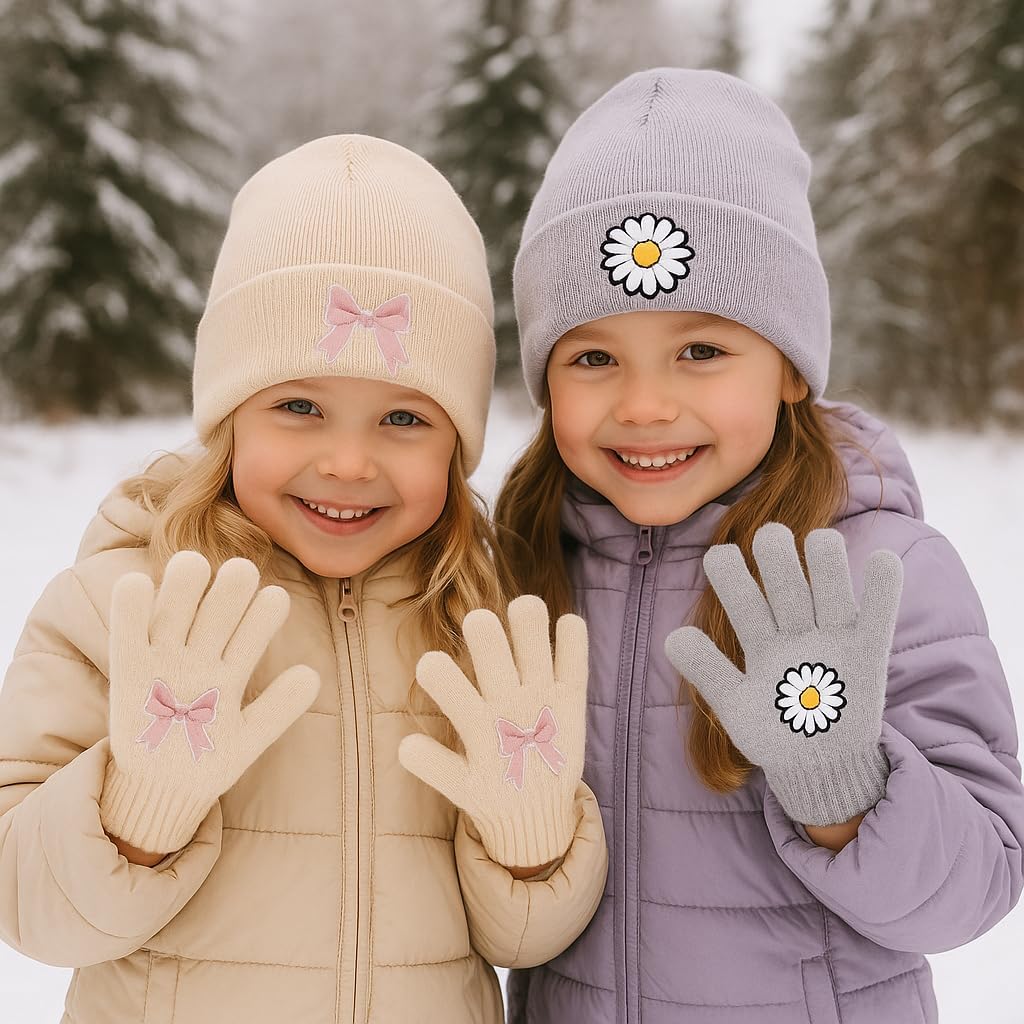 Girls Winter Hat & Gloves Gift Set (2 Knit Beanies + 2 Pairs Gloves) – Cute Cold Weather Accessories – Christmas Stocking Stuffer – Holiday Gift Bundle – Ready-to-Gift Cozy Winter Set with Tags