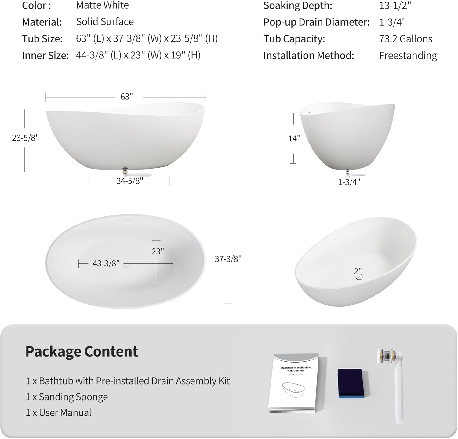 Abruzzo 63" Matte White Freestanding Solid Surface Bathtub - Stone Resin Soaking Tub, cUPC Certified