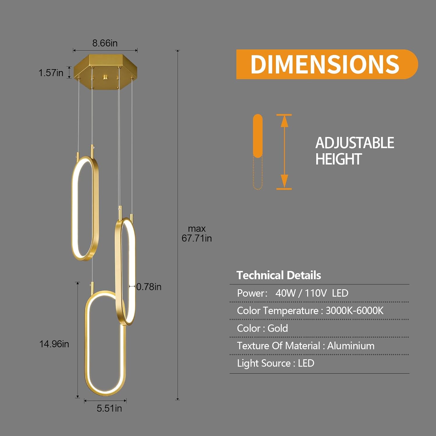 Modern Kitchen Pendant Light Fixture Gold LED Pendant Light 3 Rings Oval Chandelier Pendant Lighting for Kitchen Island Bedroom Living Room Dining Room