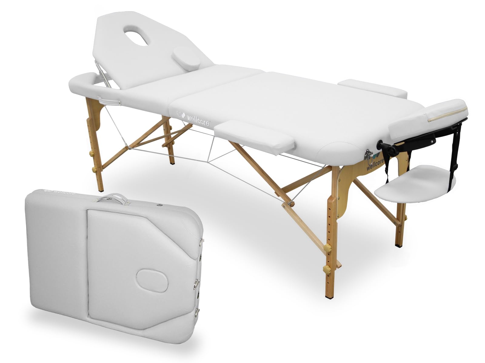 WELLCORE - Lettino da massaggio pieghevole in legno, con schienale ribaltabile, Plus, 185 x 65 cm, in ecopelle, altezza regolabile, testa rimovibile, foro facciale, colore bianco fino a 225 kg