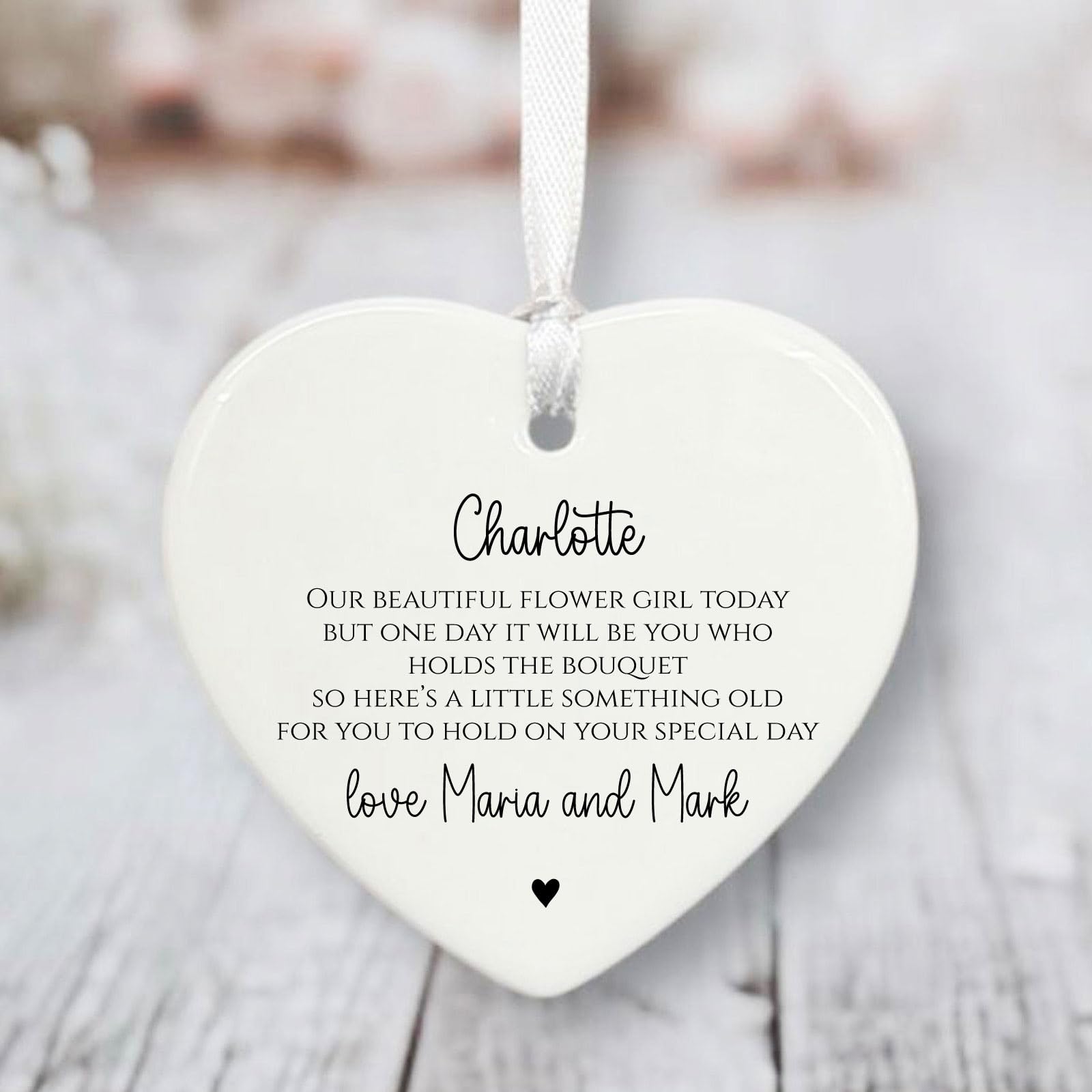 Luck And Luck Girls White Personalised Porcelain Heart Decoration For Flower – Wedding Keepsake And Thank You Gift