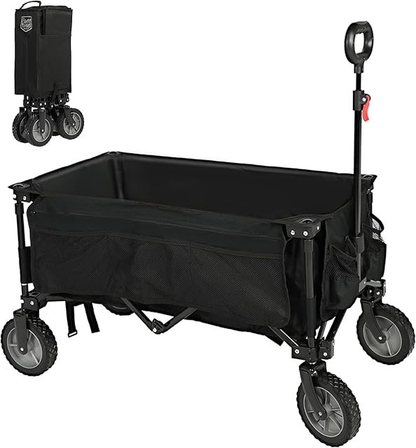 Timber Ridge Collapsible Folding Festival Wagon, Pull Along Trolley on Wheels with Adjustable Handle Cover Bag Drink Holders, Camping Outdoor Garden Picnic Shopping Beach, 100KG Weight Capacity, Black