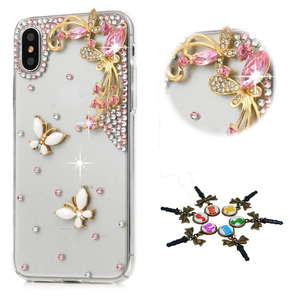 STENES Sparkle Case Compatible with T-Mobile REVVL 7 5G Case - STYLISH - 3D Handmade Bling Pretty Butterfly Rhinestone Crystal Diamond Design Girls Women Cover - Pink