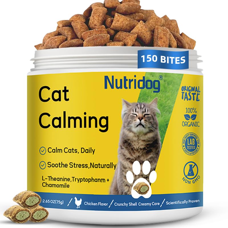 Cat Calming Treats with L-Theanine, Anxiety Relief Chews for Stress & Aggression - Fast Acting Chicken Flavor, 150 Count Crunchy Soft Bites