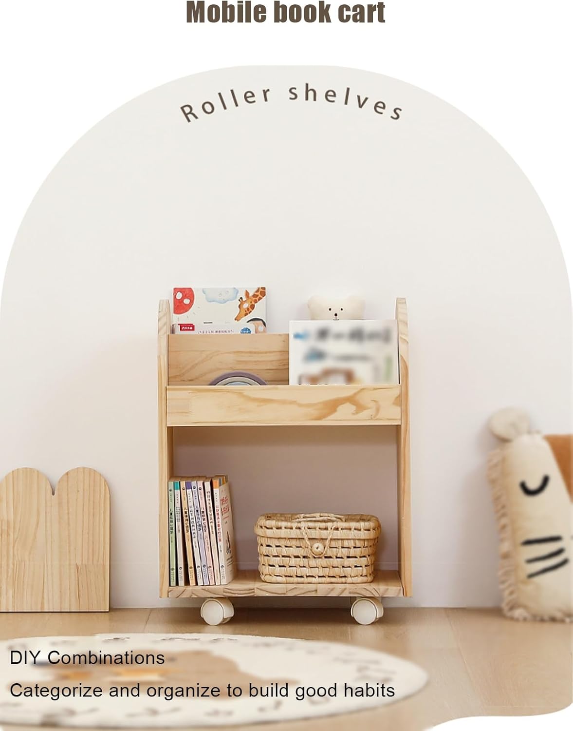 2 Tier Rolling Book Cart, Solid Wood Library Cart with Wheels, Book Rack Storage Bookshelf for Home Shelves Office Classroom(B)