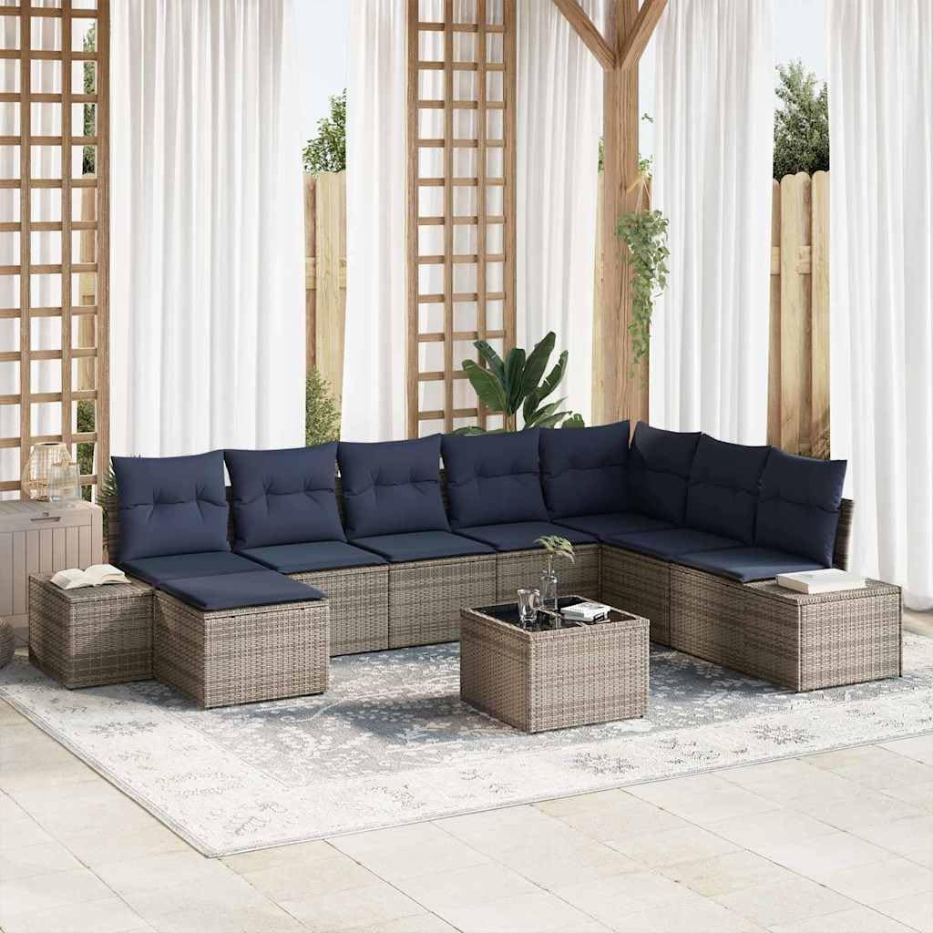 9-Piece Grey Poly Rattan Garden Sofa Set with Cushions, Modular Outdoor Seating Furniture, Weather-Resistant Patio Lounge Set for Elegant and Comfortable Relaxation Space
