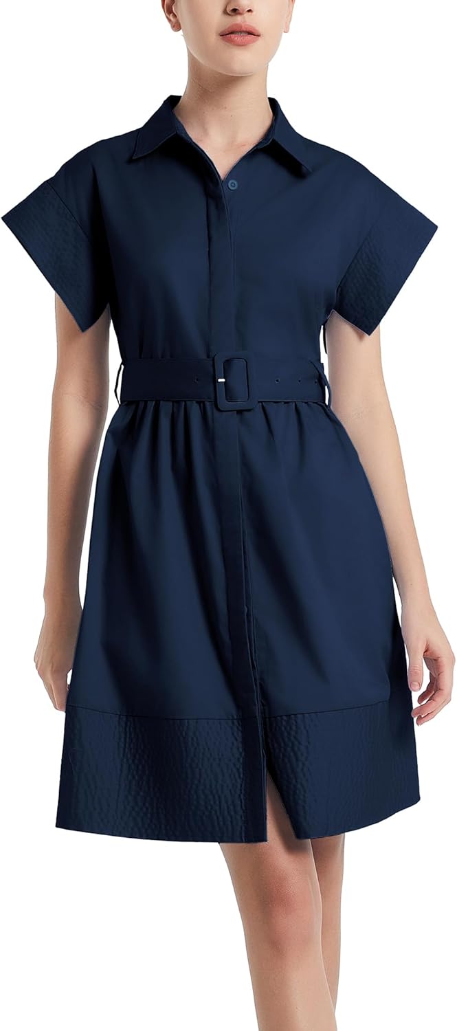 D-Sun Women Casual Button Down Shirt Dress V-Neck Short Sleeves Mini Shirt Dress Belted Short Party with Pockets
