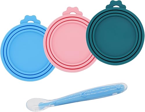 Fundas para latas de alimentos, paquete de 3 tapas de silicona y 1 cuchara, una tapa se adapta a la mayoría de alimentos enlatados de tamaño