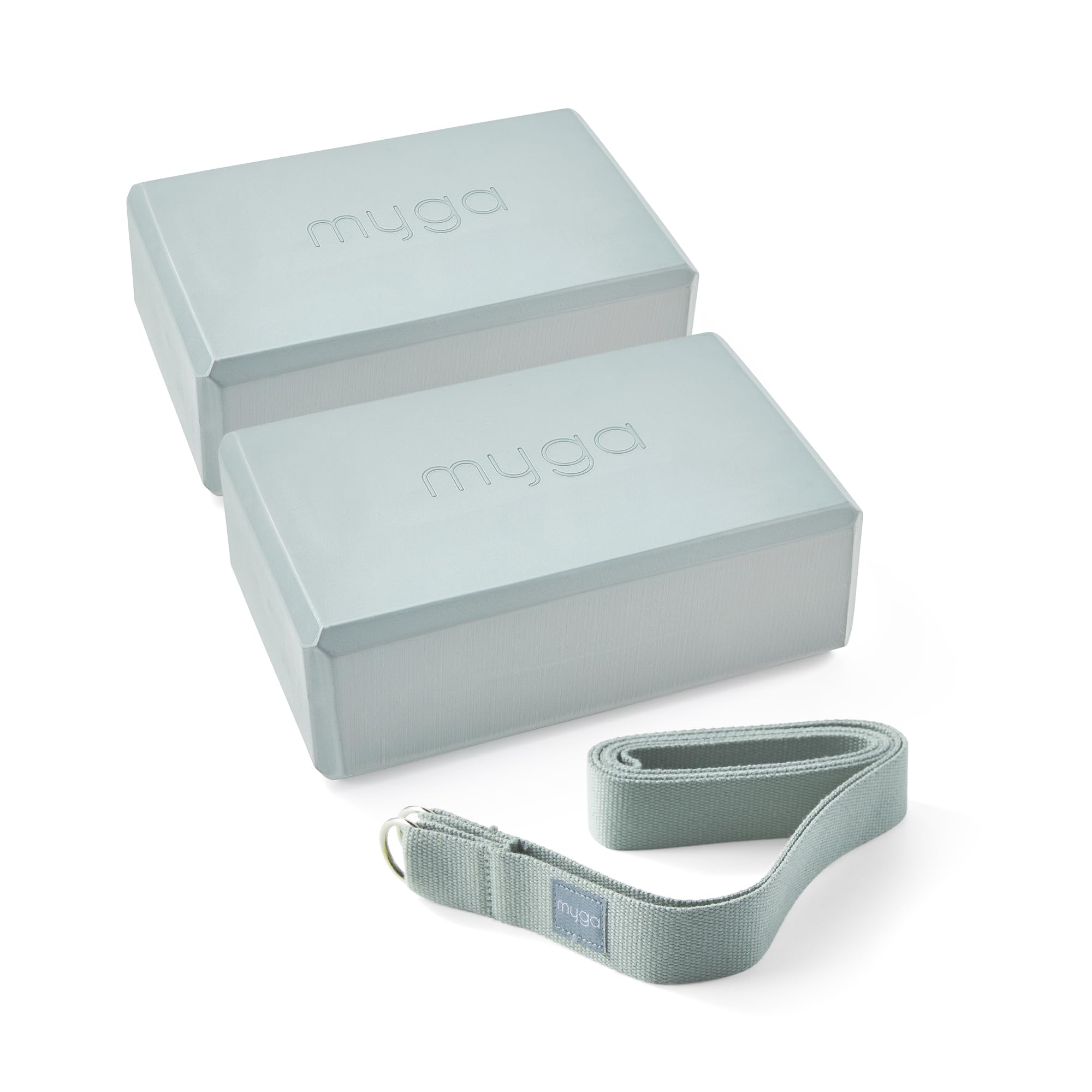 Myga Yoga Blocks & Strap Set - 2 High Density Foam Bricks and Metal D Ring Belt for Yoga, Pilates and Fitness - Support and Deepen Poses, Non-Slip and Lightweight for Home & Gym (Teal)