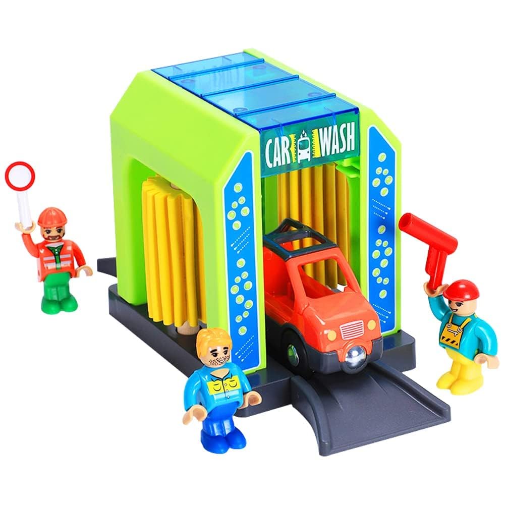 Accessori Ferroviari in Legno Autolavaggio per Ferrovia, Giocattolo Treno Compatibile con Tutte le Principali Marche di Sistema di Treno-Set, Stazione Ferroviaria per Bambini