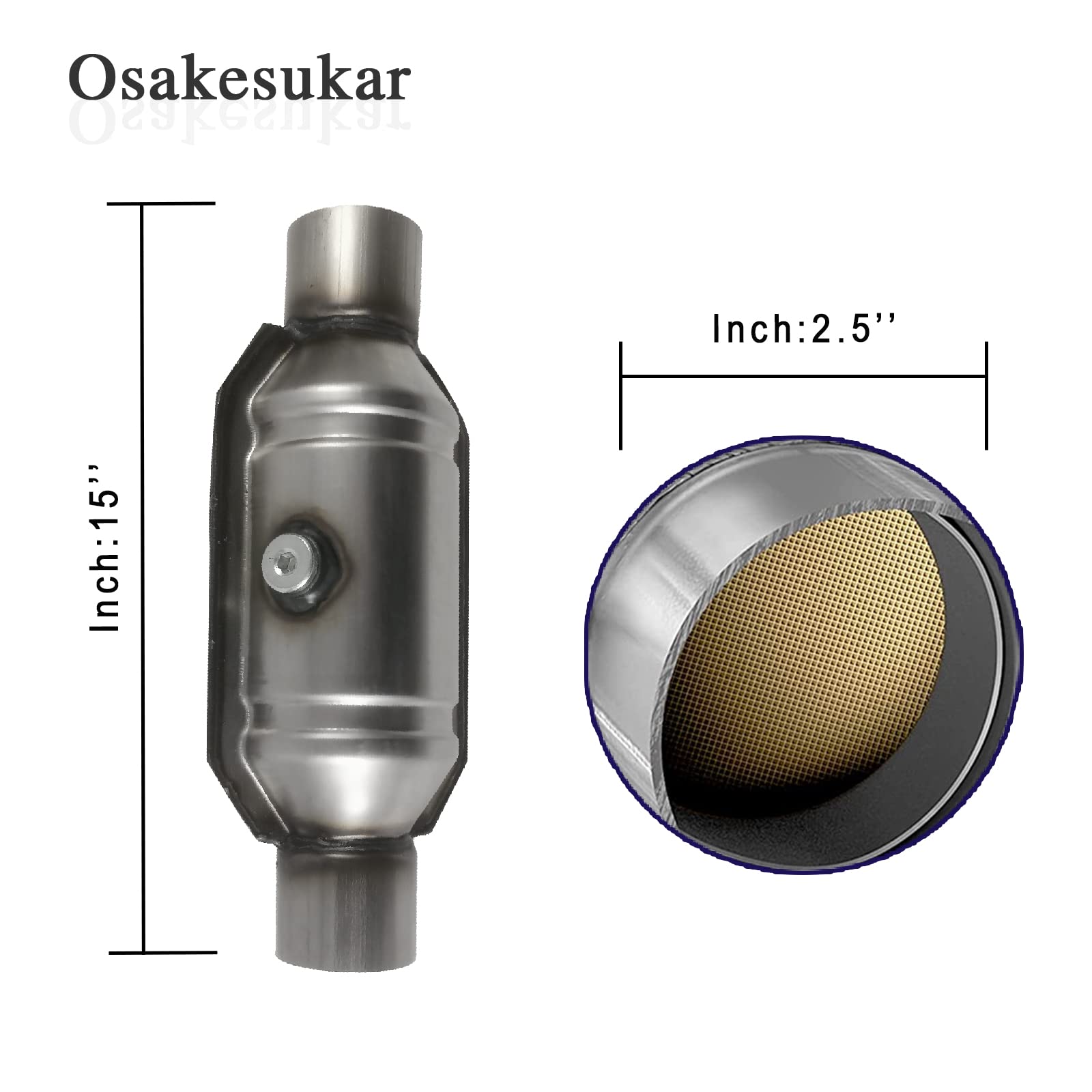 Osakesukar 2.5" Universal Catalytic Converter 2.5" Inch Inlet/Outlet,2 Pack High Flow Catalytic Converter with Heat Shield and O2 Port