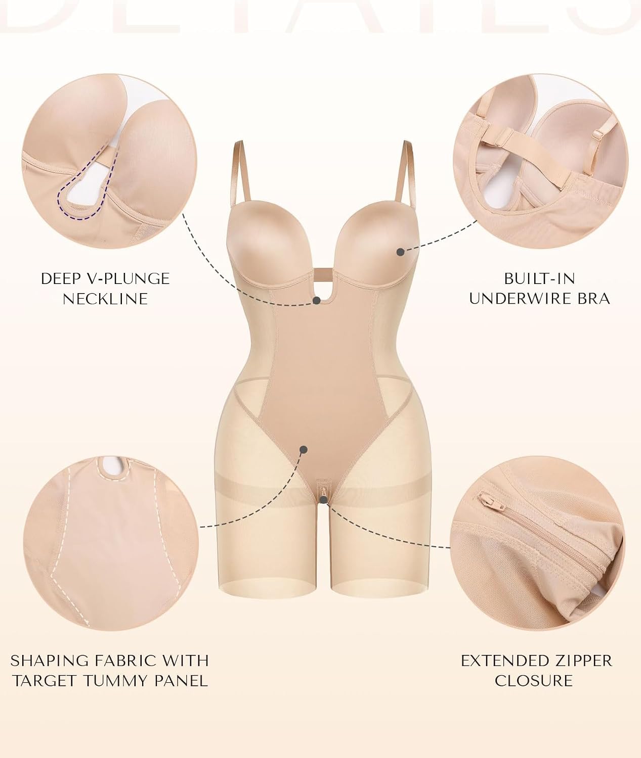 SHAPELLX Strapless Shapewear Bodysuits Deep Plunge Tummy Control, Nude XL