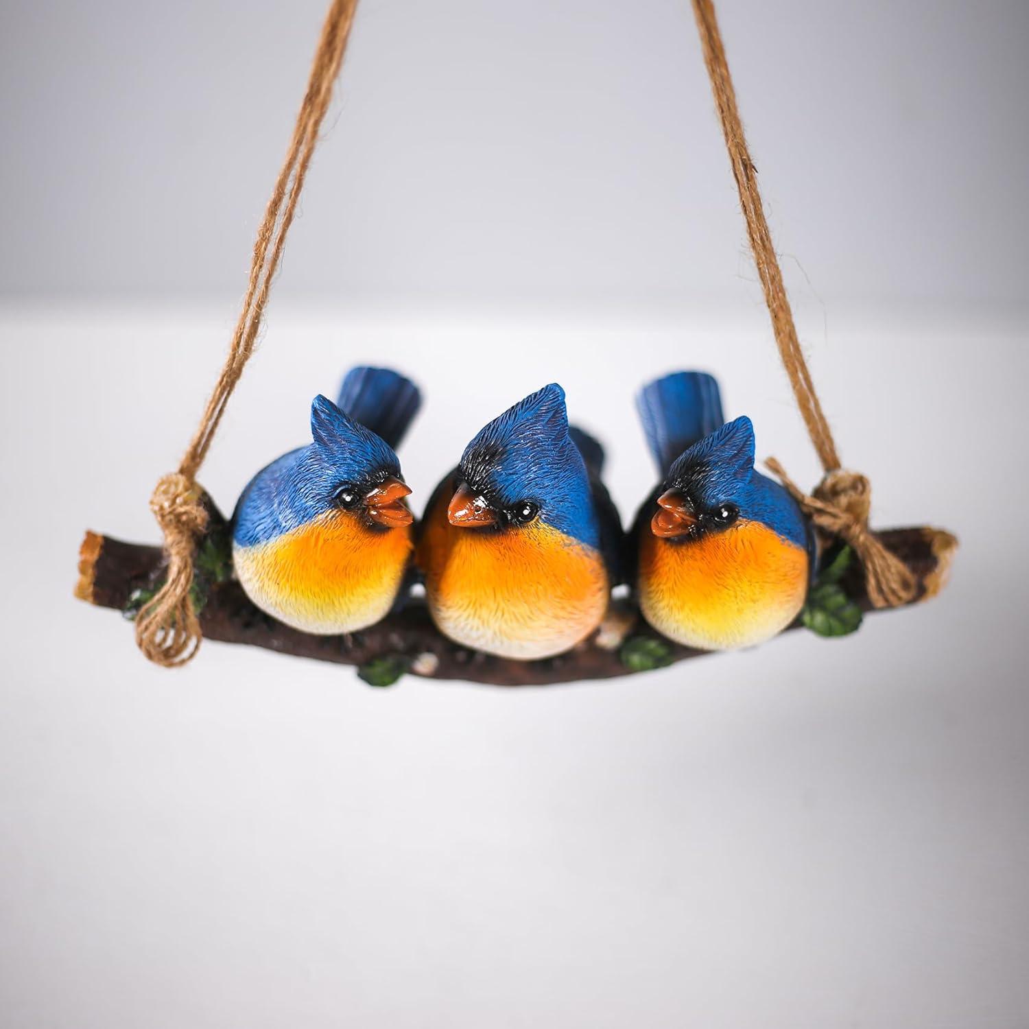 Decorative Hanging Bird Ornament, Three Blue Birds on Branch, Garden Outdoor Decor, Hanging Tropical Bird Patio, Lawn, Tree Porch Decor Large Size: 11 inches