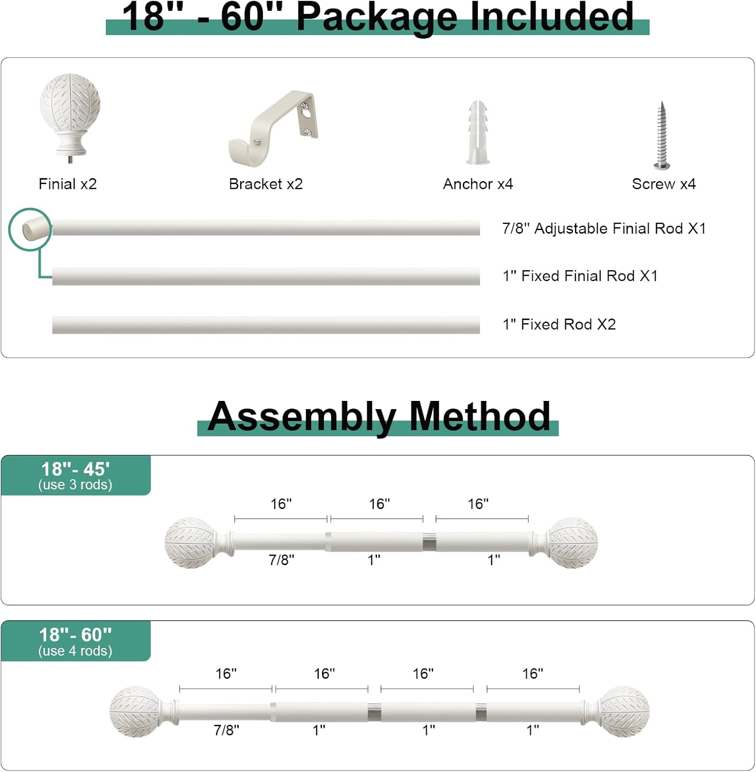 QDWIS White Curtain Rods for Windows 28 to 48 Inch,1'' Diameter Drapery Rods with Leaf Pattern Finials,Boho Adjustable Heavy Duty Curtain Rods Set,18-60'',Antique White