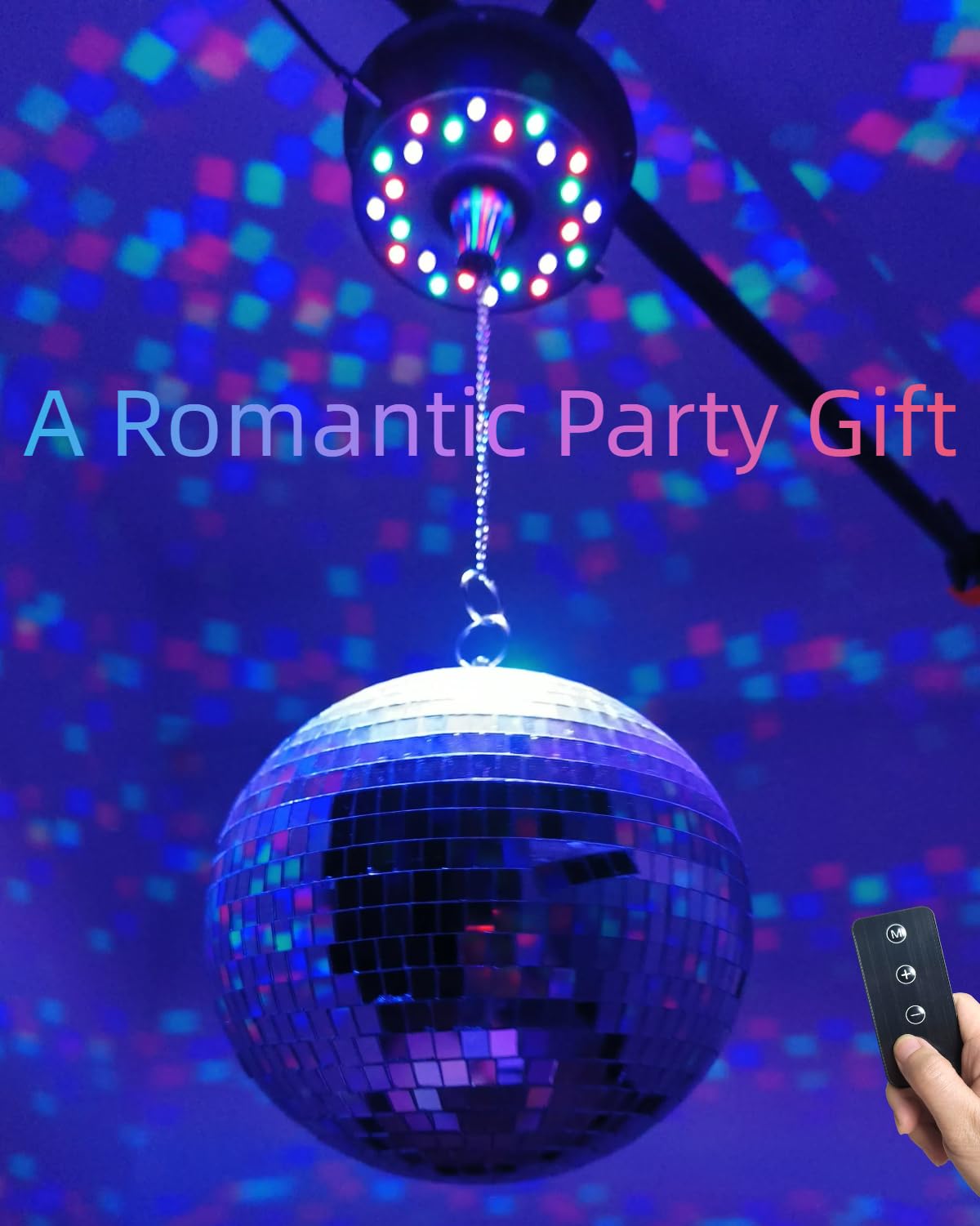 Boule disco avec moteur avec télécommande et lumières, Palujorty 5 tr/min, 9 tr/min, 24 LED, boule disco et lumière pour boules de 10,2 cm, 15,2 cm, 20,3 cm, 30,5 cm pour fête (USB/batterie)