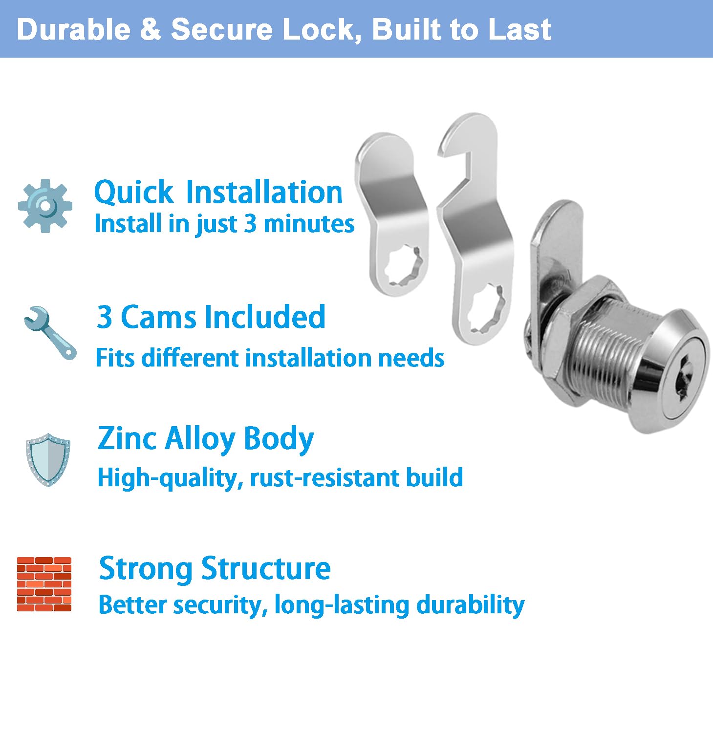 Cabinet Lock 5/8" Cam Lock Keyed Alike – Zinc Alloy Drawer File Cabinet RV Door Mailbox Replacement Lock With 2 Keys
