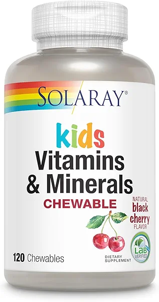 SOLARAY Childrens Vitamins & Minerals Complete Multivitamin for Kids Great Black Cherry Flavor (076280047974) (120 Chews, 60 Serv)