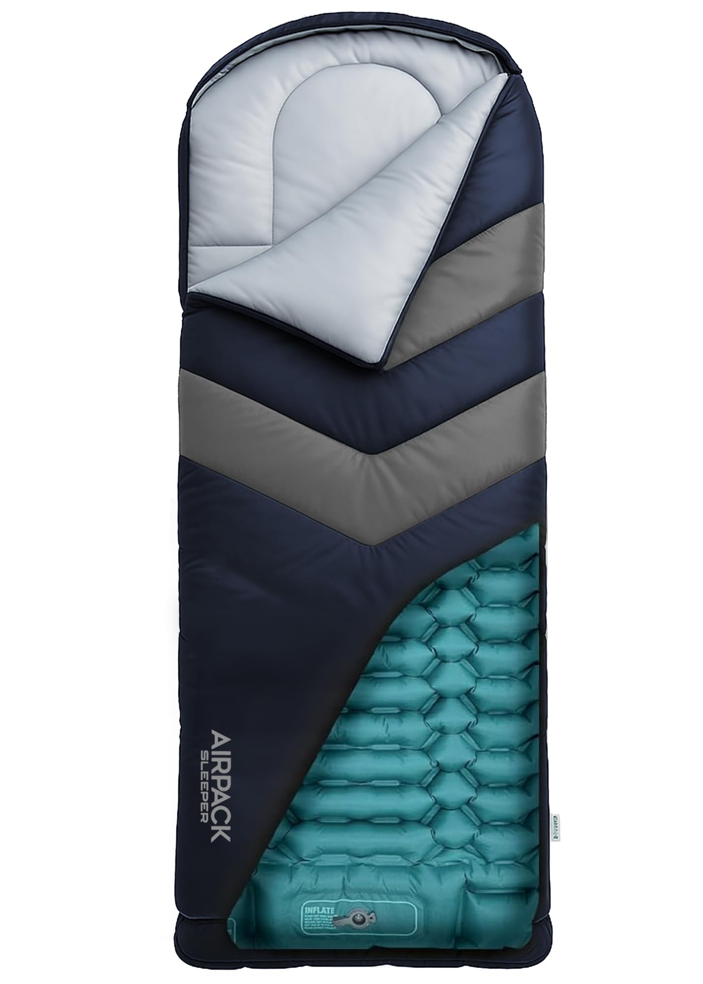 Rangland Sleeping Bag with Built-in Pad (AirPack Sleeper) - All-in-One Inflatable Sleeping Pad and Pillow for Camping with Built-in Foot Pump (Blue/Gray) 210x80cm