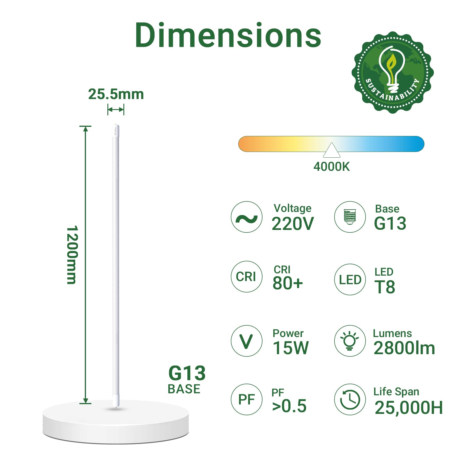 Tubo LED 120cm T8 G13-15W,4000K,2800 lúmenes,material PC,alto rendimiento lumínico,incl.arrancador,ideal para oficinas,supermercados,almacenes,paquete de 6 unidades