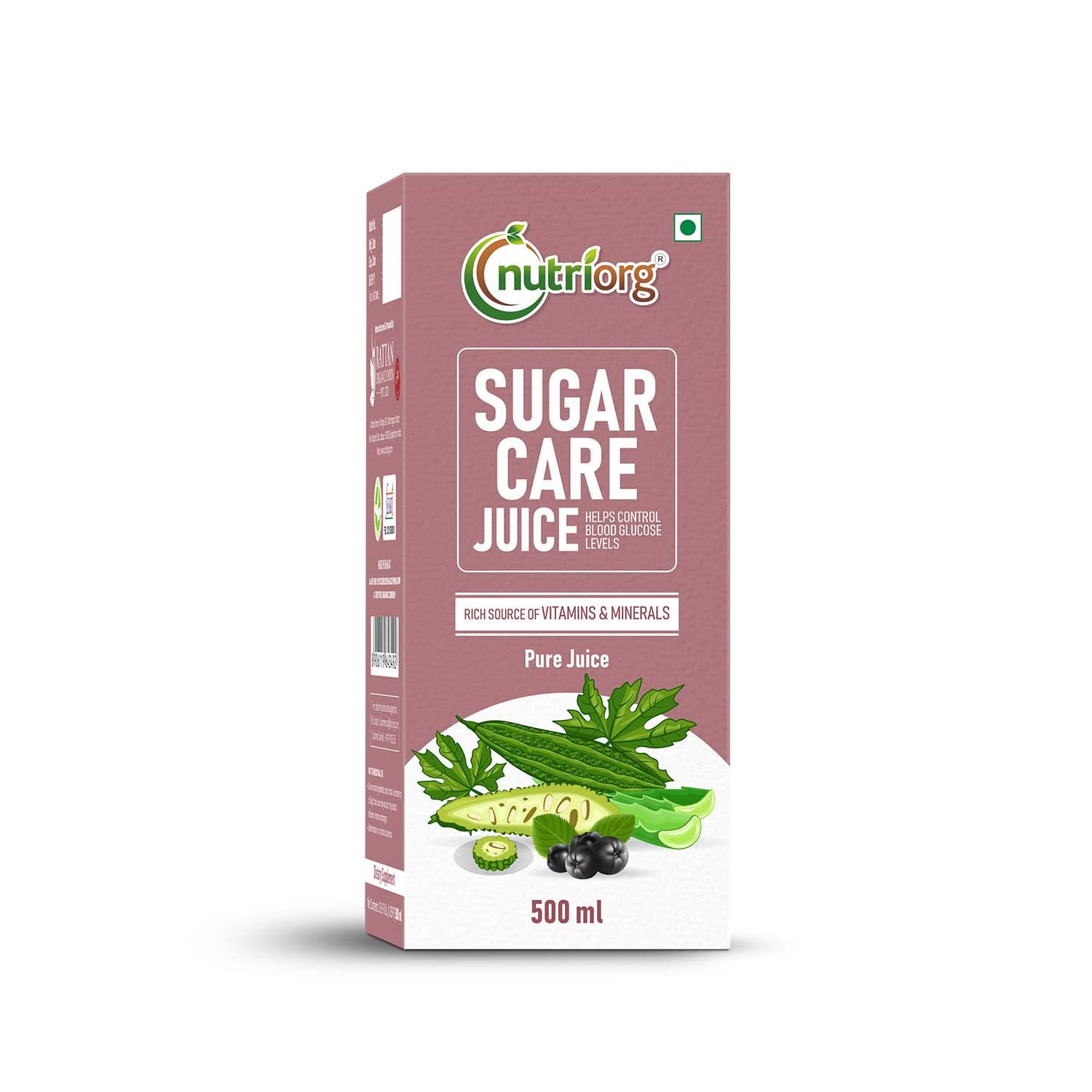 Nutriorg Sugar Care Juice 500ml | Pure & Natural Sugar Care Juice | Controls Blood Sugar Levels | Made with Karela, Amla, Jamun, Methi, Aloe Vera, Haldi, Giloy, Arjun, Neem Ras, Tulsi Ras, Ashwagandha, Gurmar & More Herbs | Ayurvedic Blend for Diabetic Care | Manage Blood Sugar & Insulin Levels