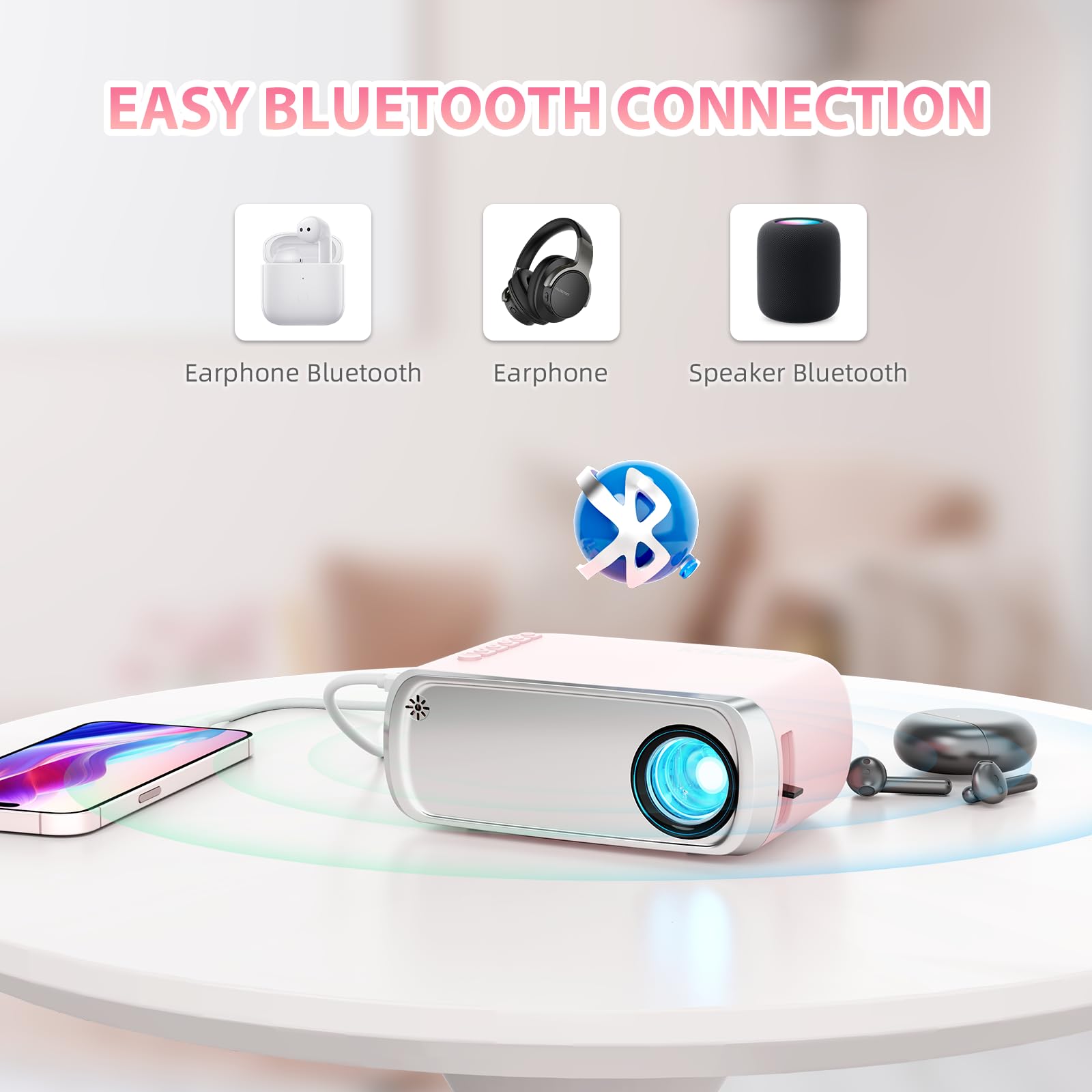 Proiettore portatile, ksbaby proiettore per esterni, mini proiettore video estetico a LED per film portatili all'aperto compatibile con HDMI, USB, laptop, TV Stick, telefono iOS e Android