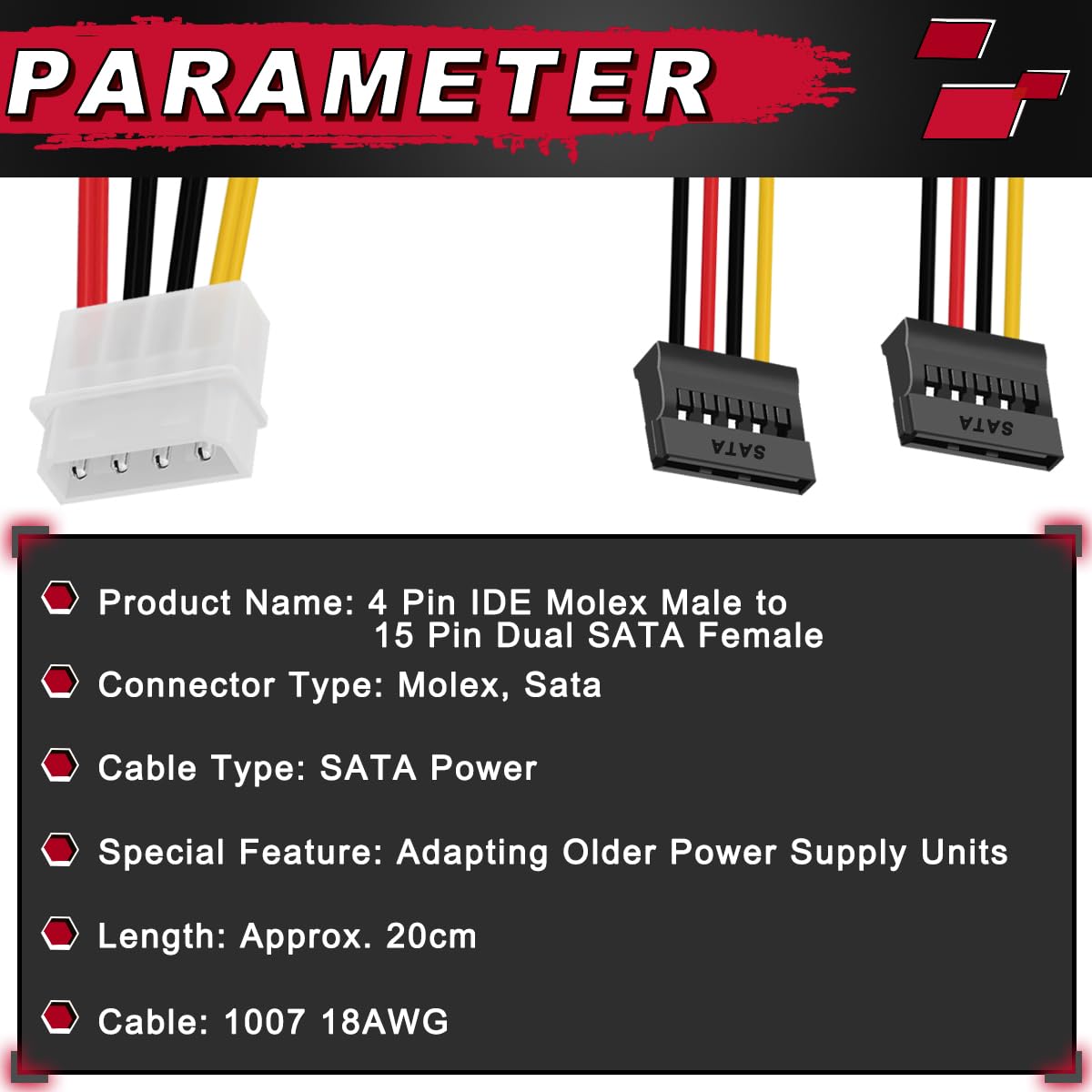 MKBKLLJY 8PCS 4 Pin Molex to Dual SATA Power Y-Cable Adapter 4 Pin IDE Molex Male to 15 Pin Dual SATA Female Power Splitter Adapter Cable 18AWG Copper Serial ATA Hard Drive Extension Cable (18cm)