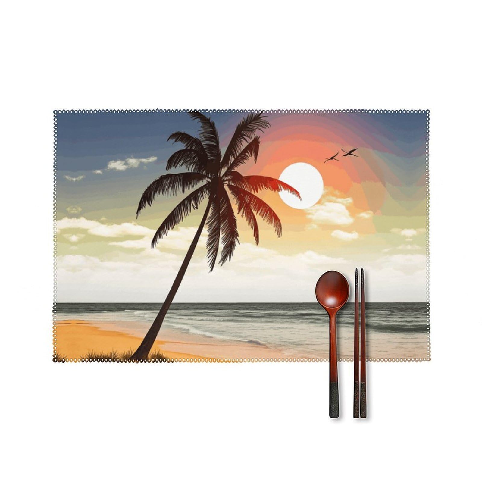 Palm Tree on Beach Placemats Set of 6, 12x18 Inch Heat Resistant Washable Canvas Table Mats, Stain Resistant Decorative Dining Placemats for Kitchen, Restaurant, Outdoor Party