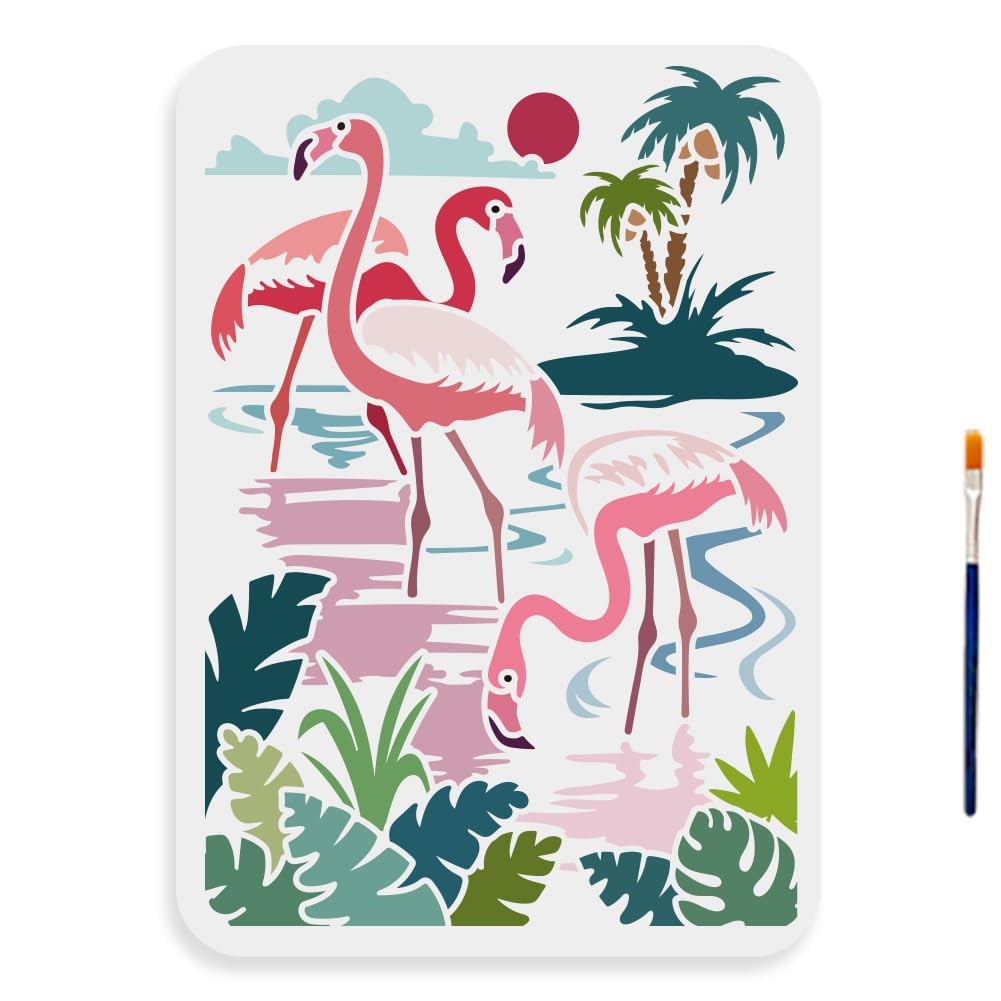 MAYJOYDIY Flamingo Stencil 11.7×8.3inch Large Tropical Jungle Stencils with Paint Brush Summer Coconut Palm Tree Sunset Bird Template for DIY Craft Furniture Wood Canvas Paper