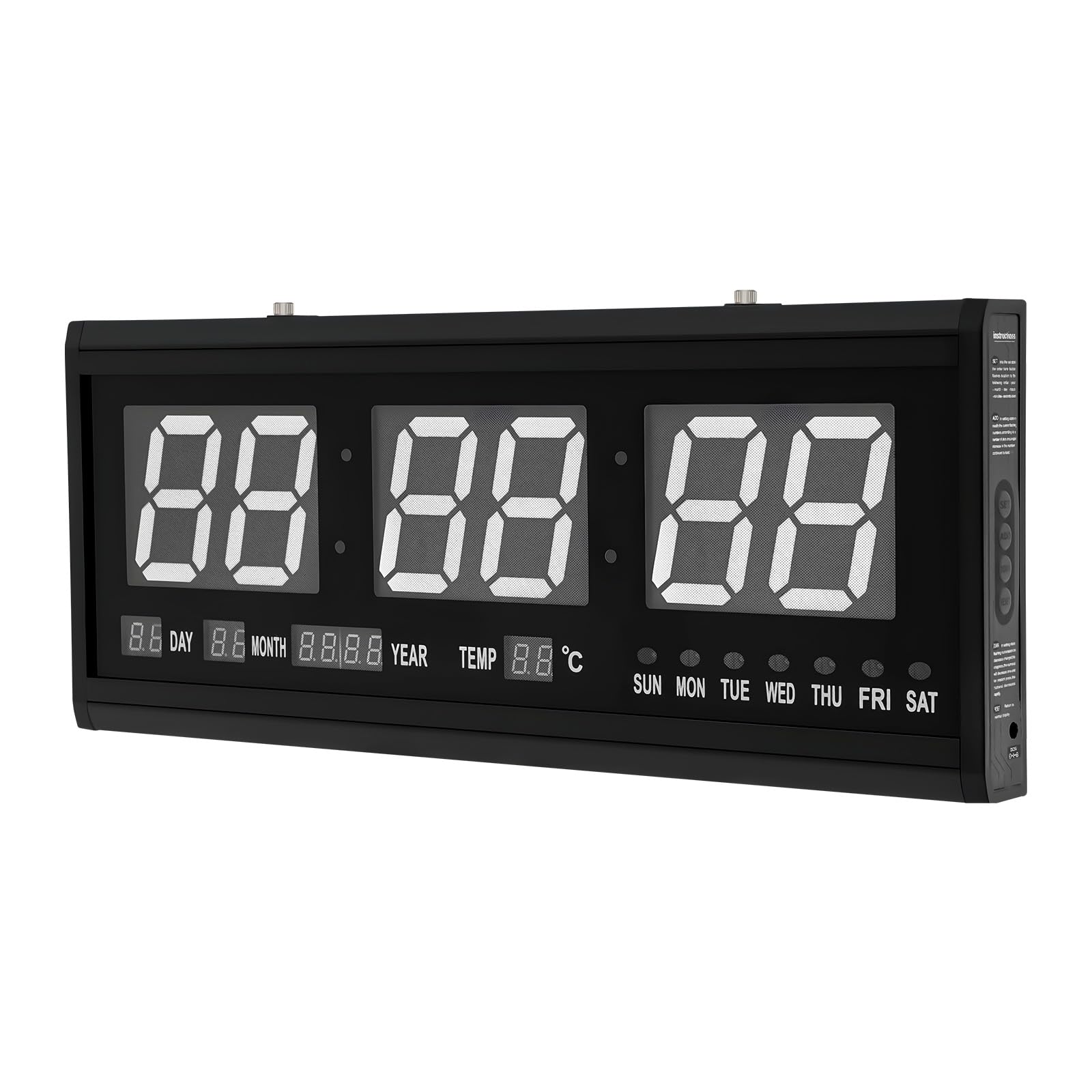 Orologio da parete digitale a LED, grande display con calendario, termometro 12/24H, montaggio a parete/sulla scrivania, alimentazione cablata, soggiorno, ufficio, sveglia (blu)