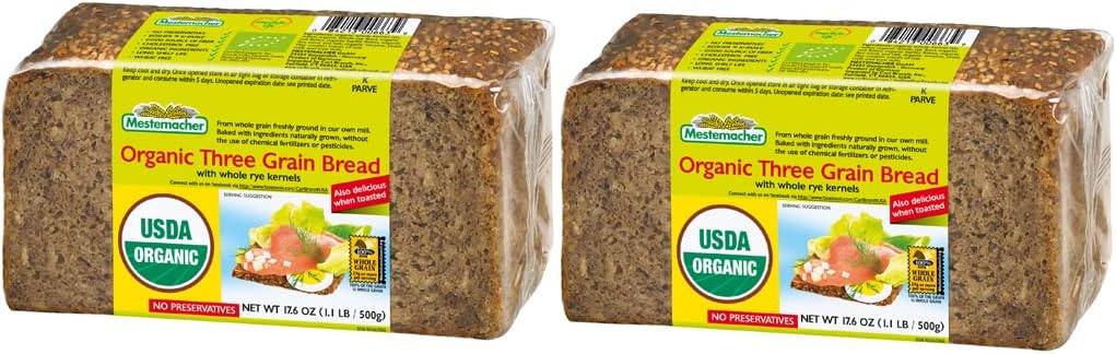 Mestemacher Whole Grain Bread (Organic Three Grain, 17.6 oz, pack of 2)