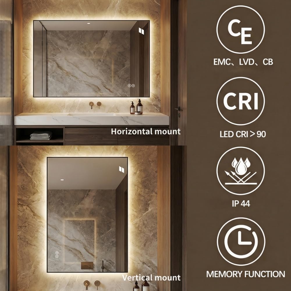 Espejo de baño LED 70 x 90 cm con marco de aluminio, retroiluminado, antivaho, 3 temperaturas de color, intensidad regulable en continuo, función de memoria, cristal plateado sin cobre, 5 mm