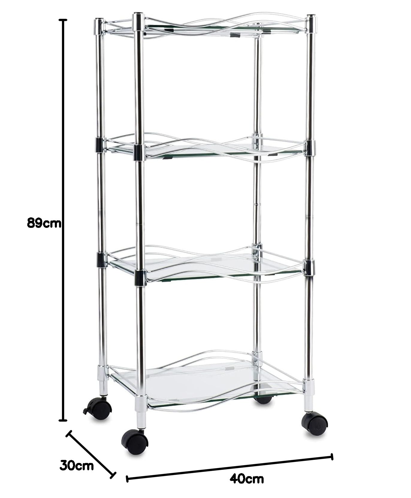 Estantería de cristal Luna | 4 niveles con ruedas | estantes de cristal de seguridad | estantería con ruedas para baño, salón o cocina (40 x 30 x 89 cm)