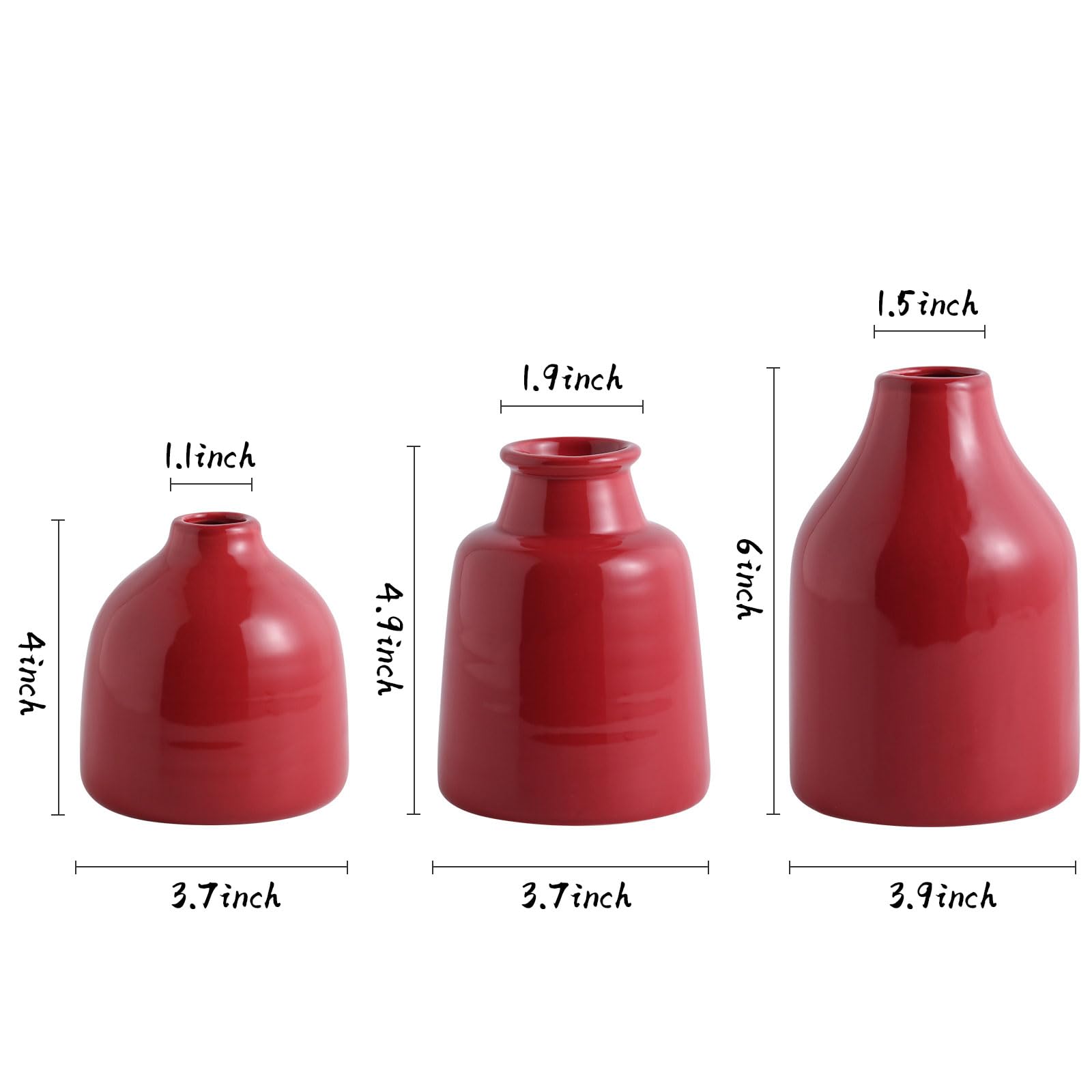 Set di 3 piccoli vasi rossi per decorazioni moderne della casa, vasi in ceramica per centrotavola, vasi da fiori per soggiorno, matrimoni, tavolo da pranzo/feste, rosso