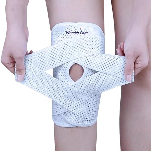 Wonder Care Adjustable Wrap Knee Support Brace, Air Mesh Fabric Knee Brace Cap for Pain Relief, Sports, Arthritis, Running Protection Men Women [White] (1, M(16-17)